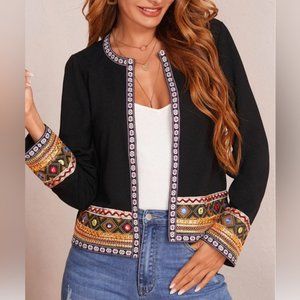 Black Contrast Embroidered Trim Open Front Jacket